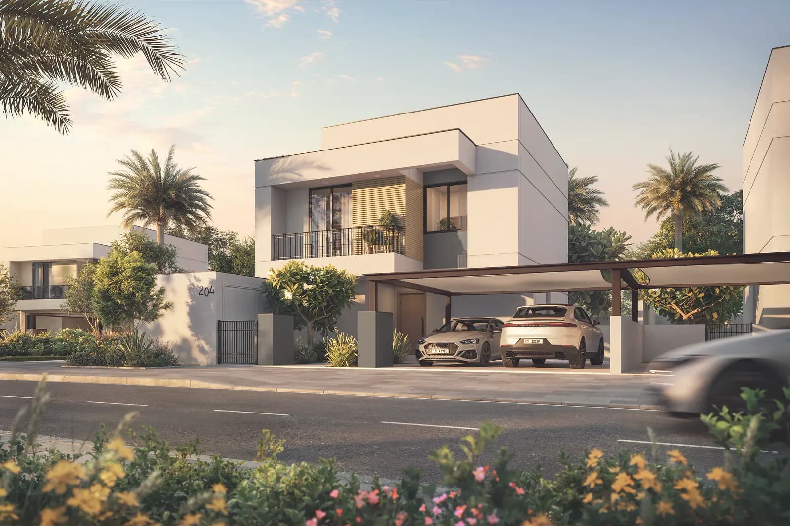 Al Ghadeer Gardens villa at golden hour, render